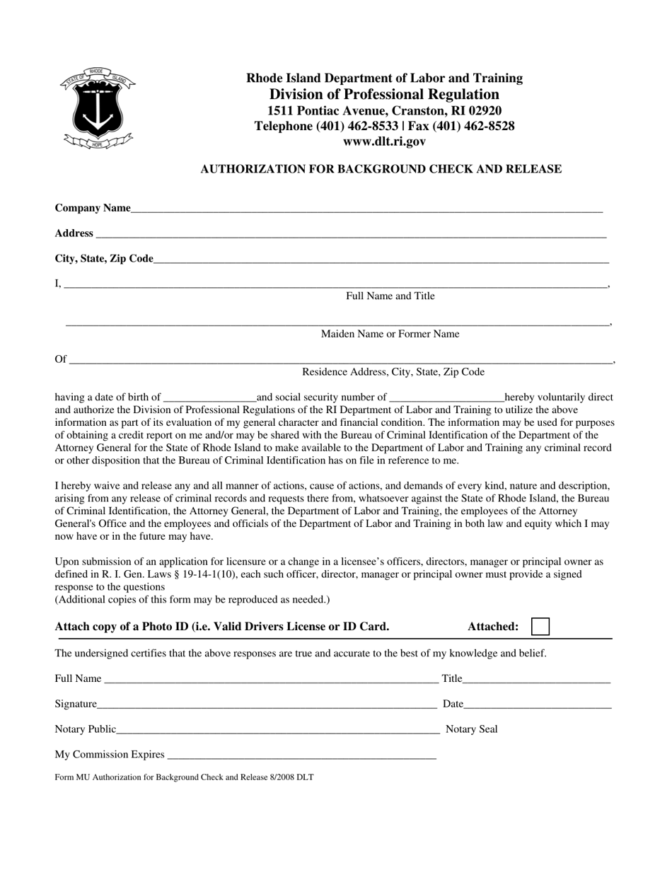 Rhode Island Authorization for Background Check and Release Fill Out