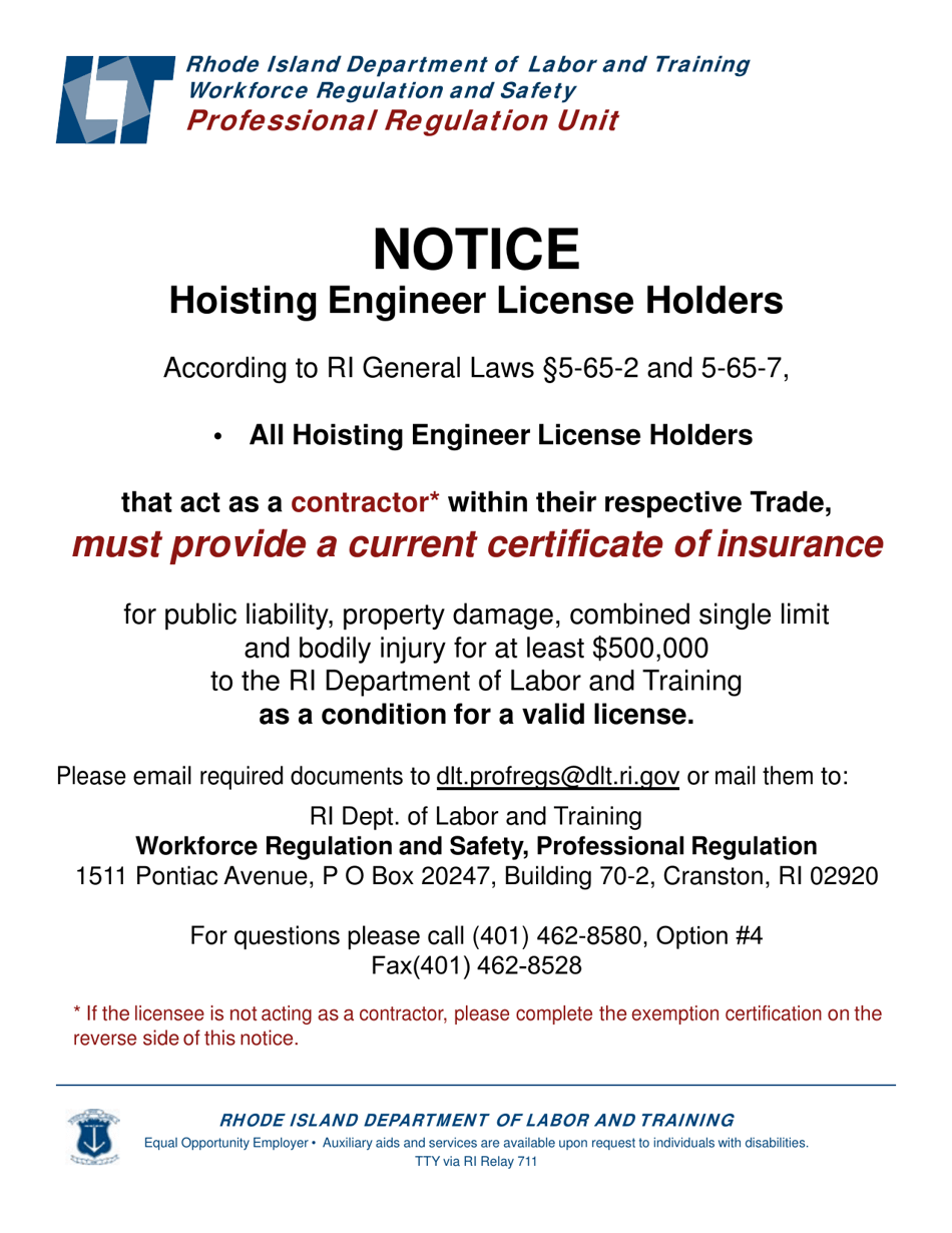 Rhode Island Hoisting Exemption Certification Fill Out, Sign Online
