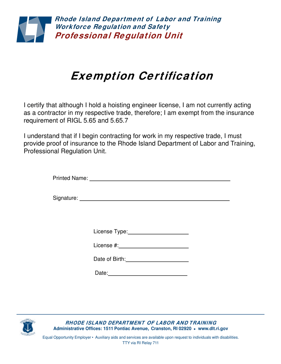 Rhode Island Hoisting Exemption Certification Fill Out, Sign Online and Download PDF