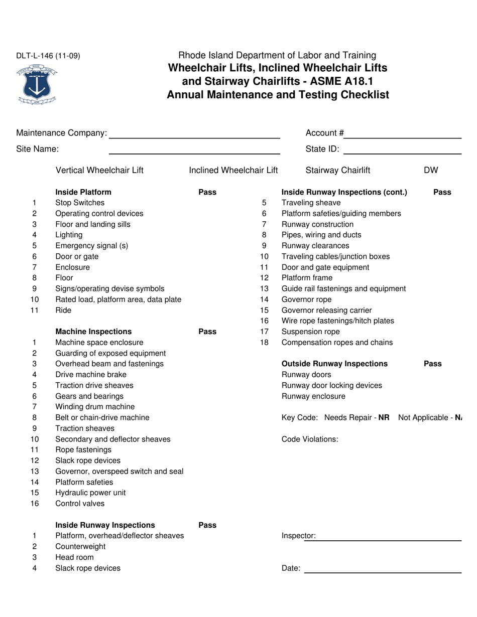 Form DLT-L-146 Wheelchair Lifts, Inclined Wheelchair Lifts and Stairway Chairlifts - Asme A18.1 Annual Maintenance and Testing Checklist - Rhode Island, Page 1