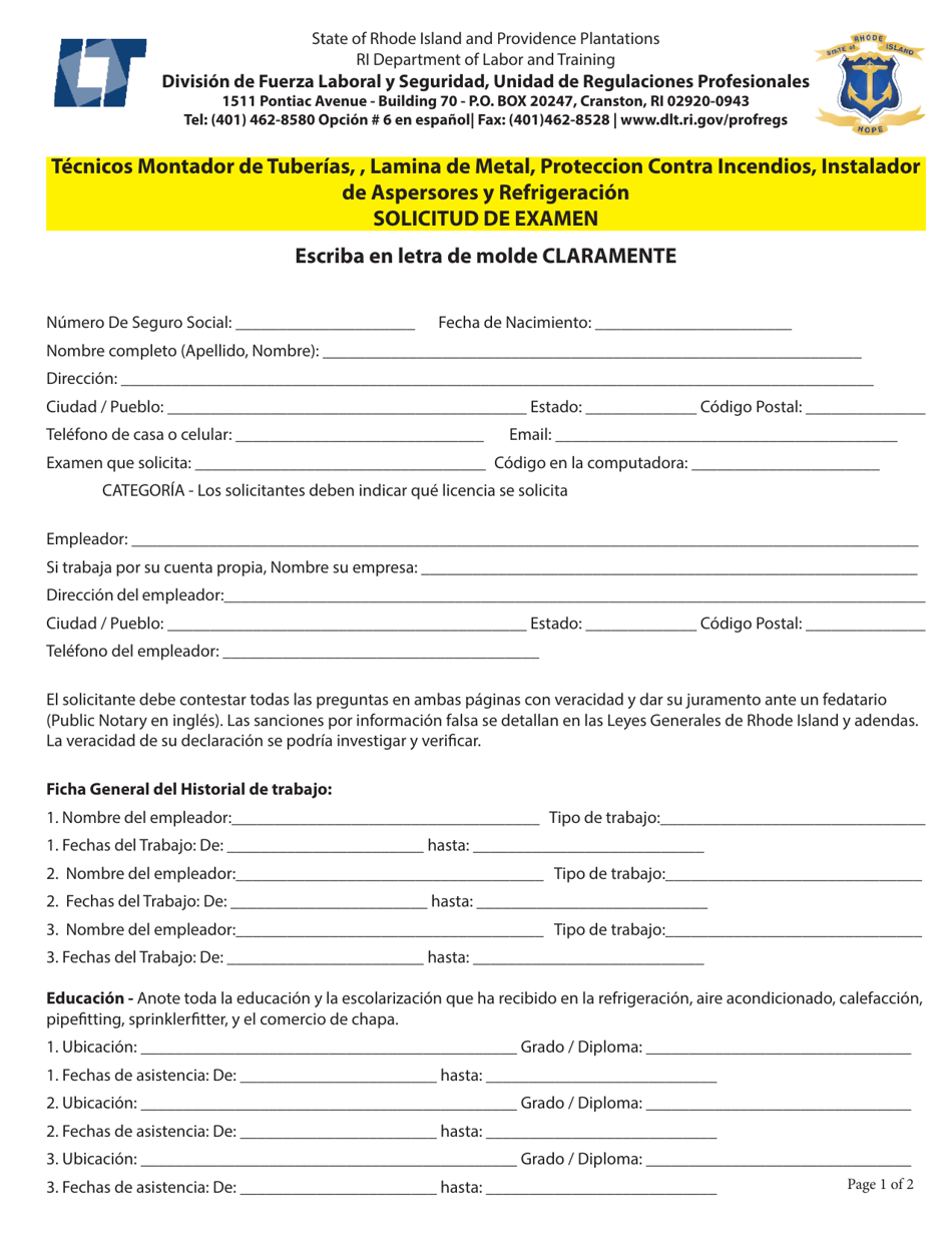 Tecnicos Montador De Tuberias, Lamina De Metal, Proteccion Contra Incendios, Instalador De Aspersores Y Refrigeracion Solicitud De Examen - Rhode Island (Spanish), Page 3