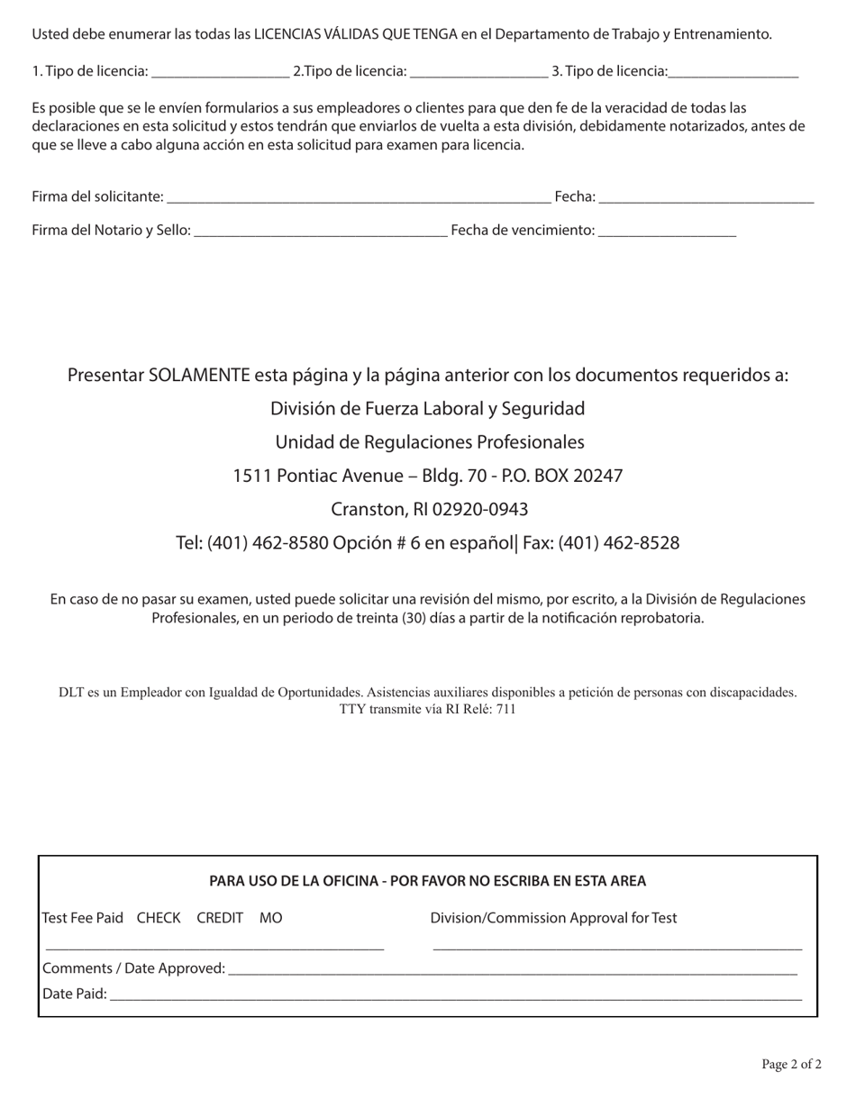 Tecnicos Montador De Tuberias, Lamina De Metal, Proteccion Contra Incendios, Instalador De Aspersores Y Refrigeracion Solicitud De Examen - Rhode Island (Spanish), Page 4