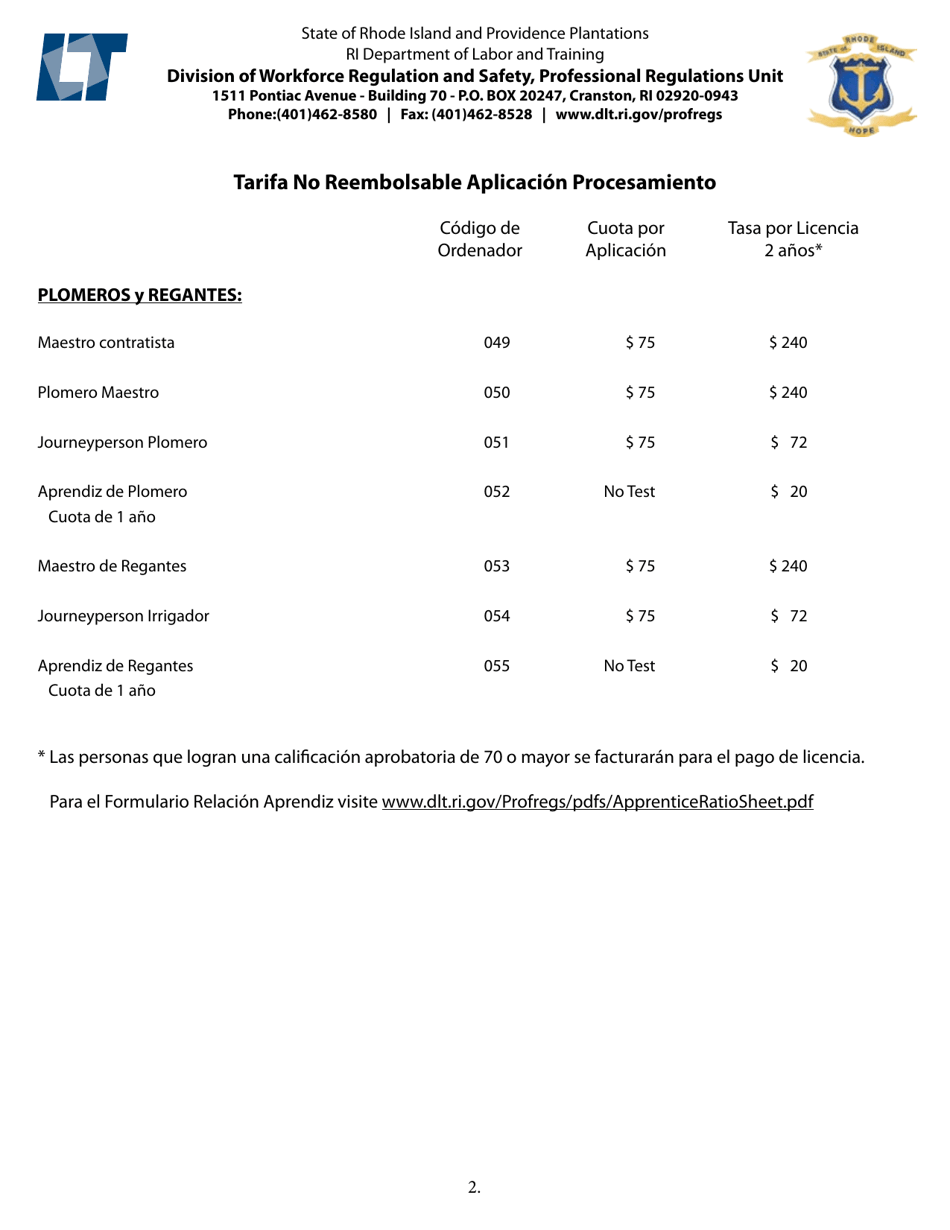 Plomeros Y Regantes - Solicitud De Examen Y Aprendiz - Rhode Island (Spanish), Page 2