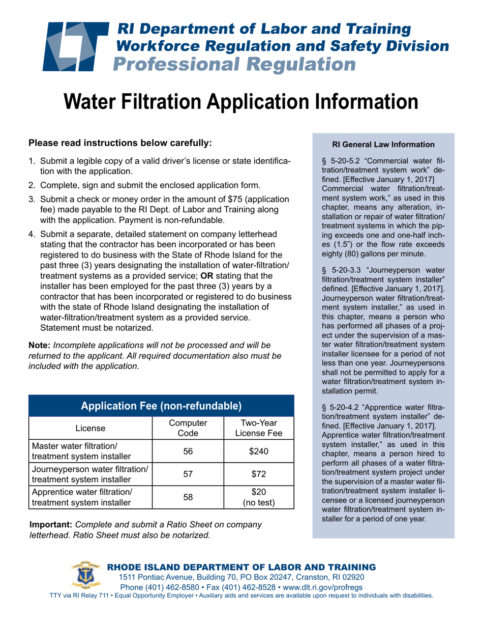 Water Filtration Application Form - Rhode Island, Page 1