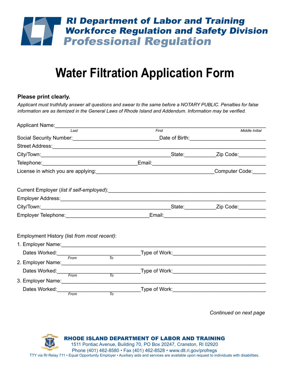 Water Filtration Application Form - Rhode Island, Page 2