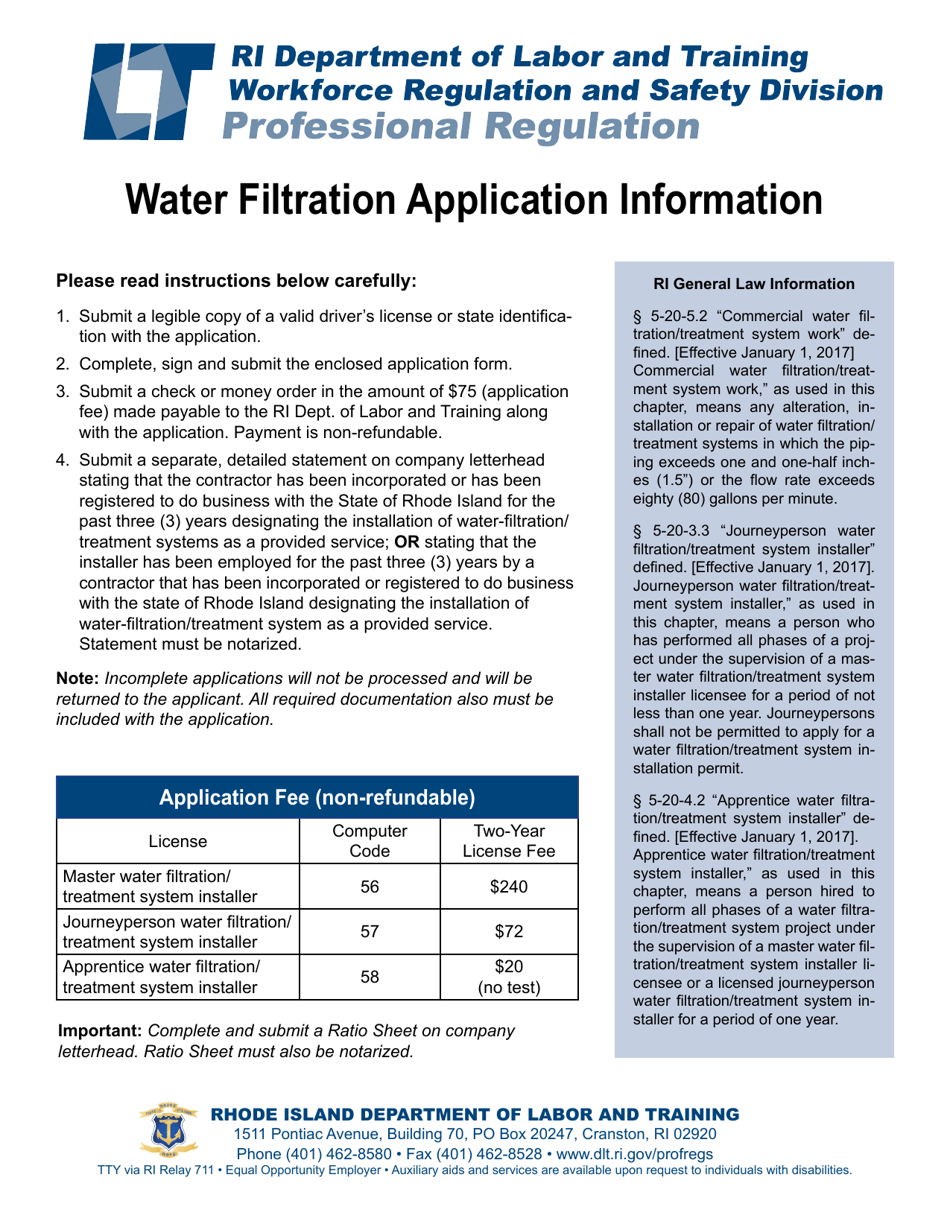 Rhode Island Water Filtration Application Form Fill Out, Sign Online
