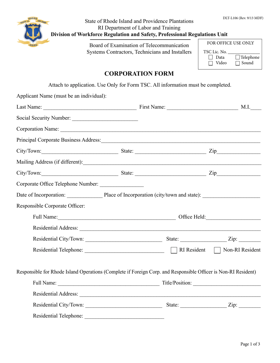Form DLT-L106 Telecommunications Corporate Application Form - Rhode Island, Page 1
