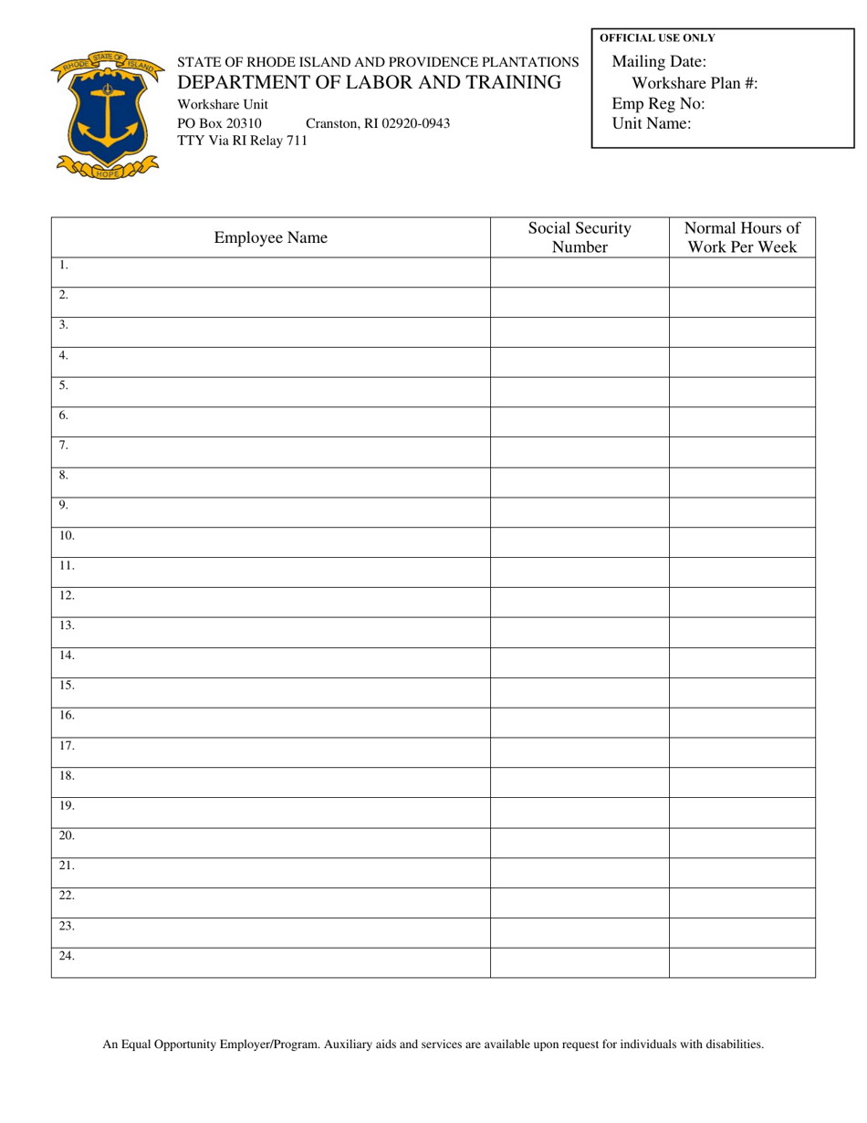 Workshare Participant List Form - Rhode Island, Page 1
