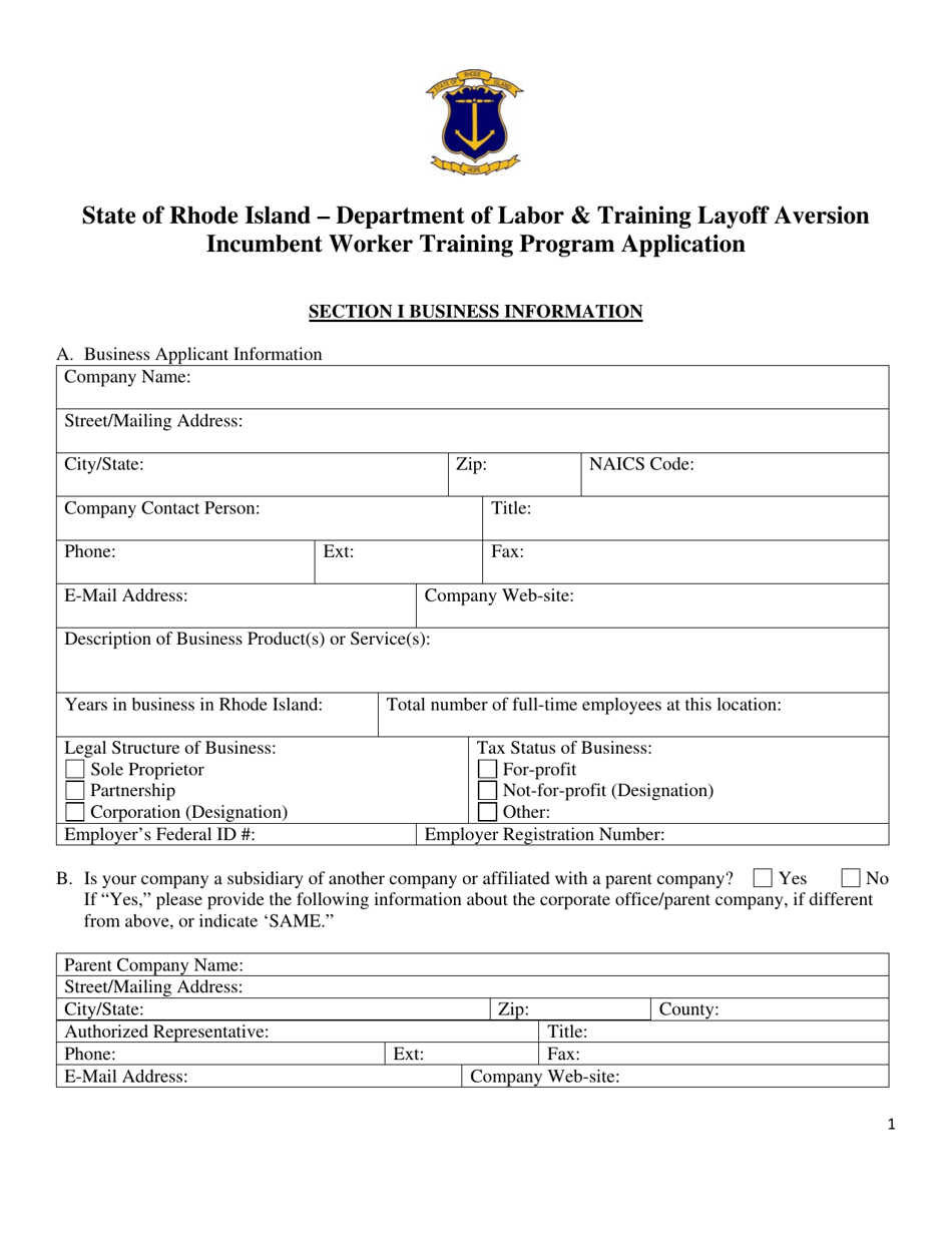 Incumbent Worker Training Program Application - Rhode Island, Page 1