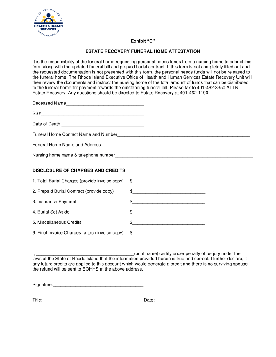 Exhibit C Estate Recovery Funeral Home Attestation - Rhode Island, Page 1