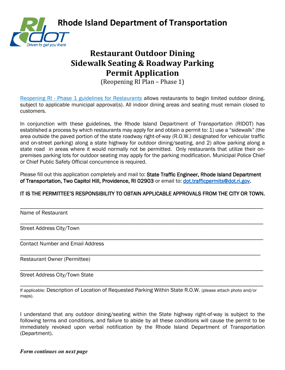 Restaurant Outdoor Dining Sidewalk Seating  Roadway Parking Permit Application - Rhode Island, Page 1