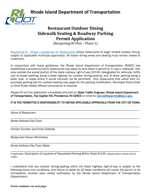 Restaurant Outdoor Dining Sidewalk Seating & Roadway Parking Permit Application - Rhode Island