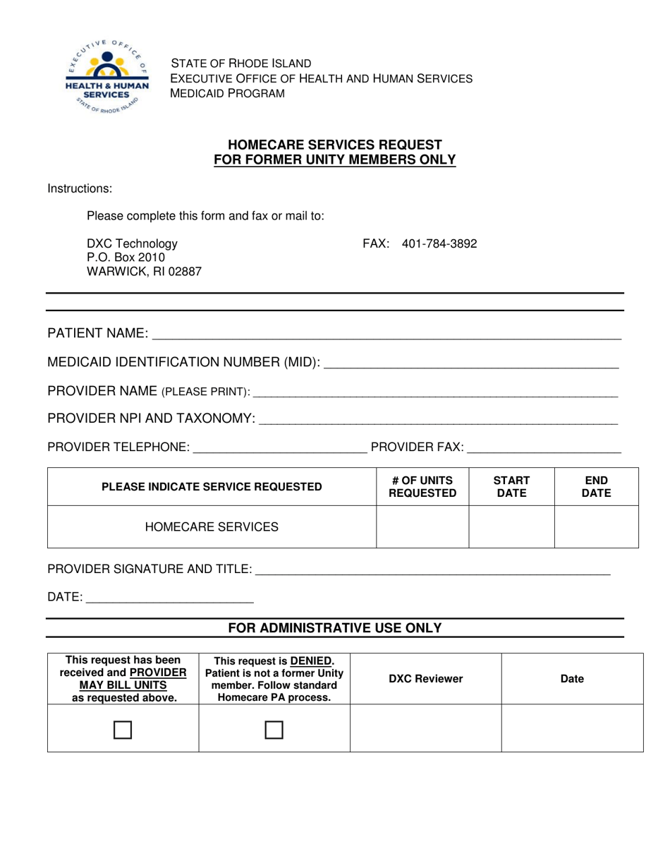 Home Care Services Request Form - Rhode Island, Page 1