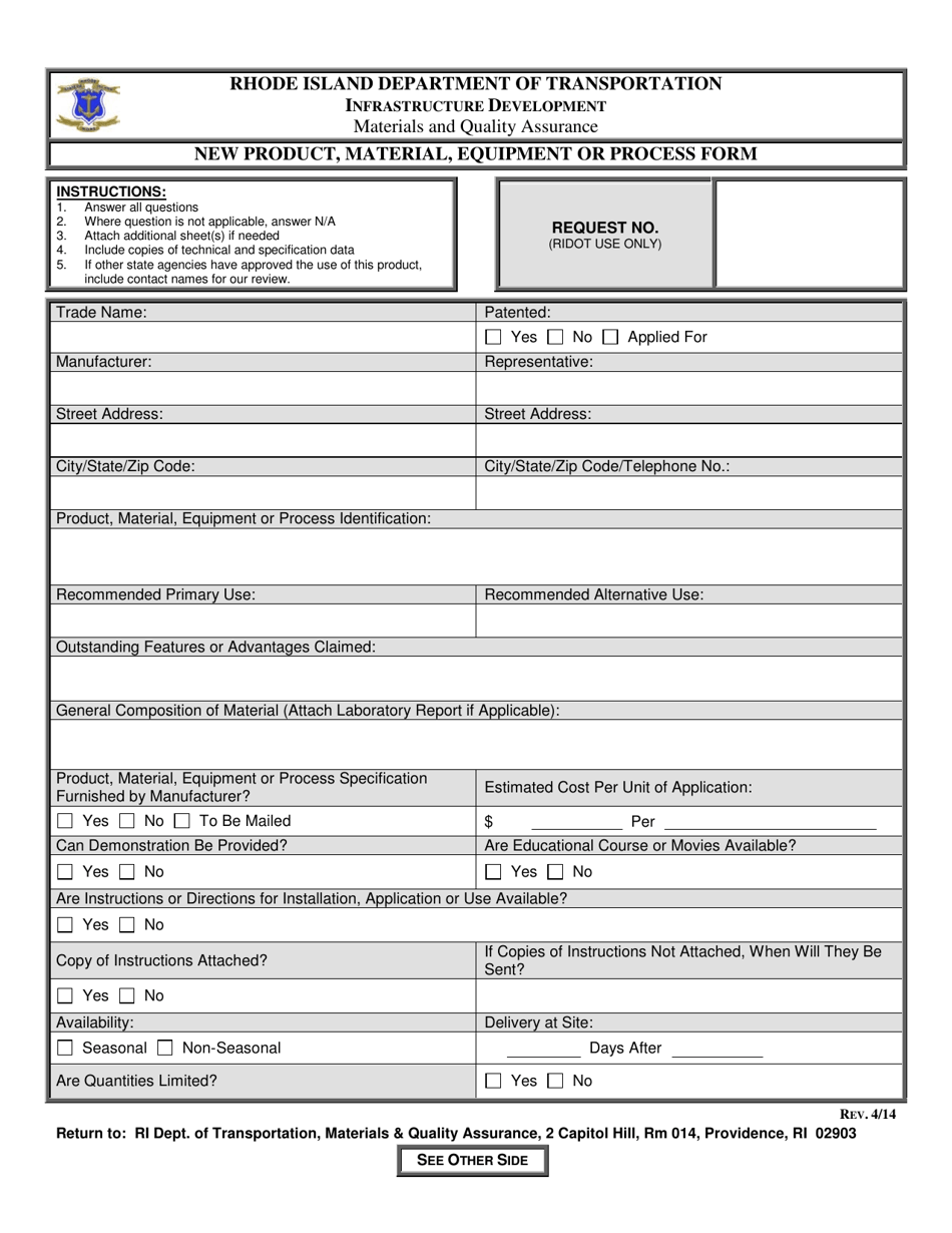 New Product, Material, Equipment or Process Form - Rhode Island, Page 1