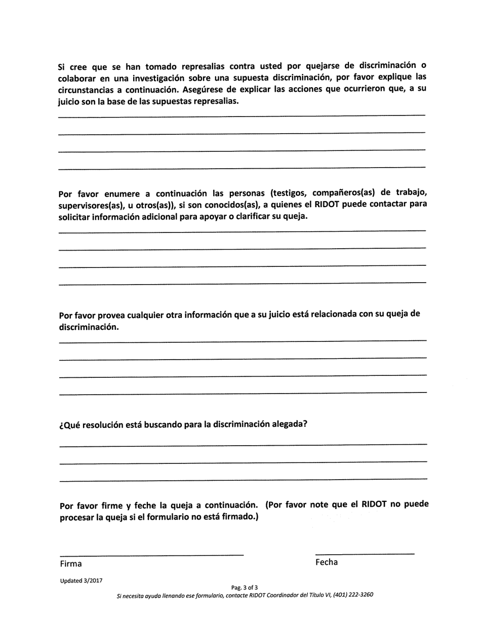 Titulo VI / Garantia De No Discriminacion Formulario De Queja - Rhode Island (Spanish), Page 3