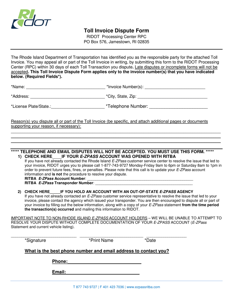 Toll Invoice Dispute Form - Rhode Island, Page 1