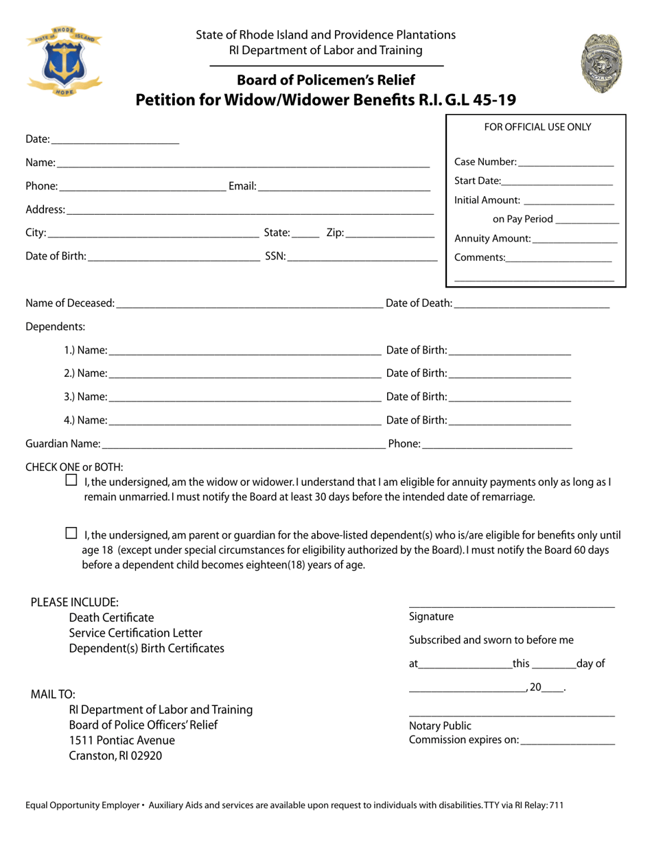 Rhode Island Petition for Widow/Widower Benefits Download Fillable PDF