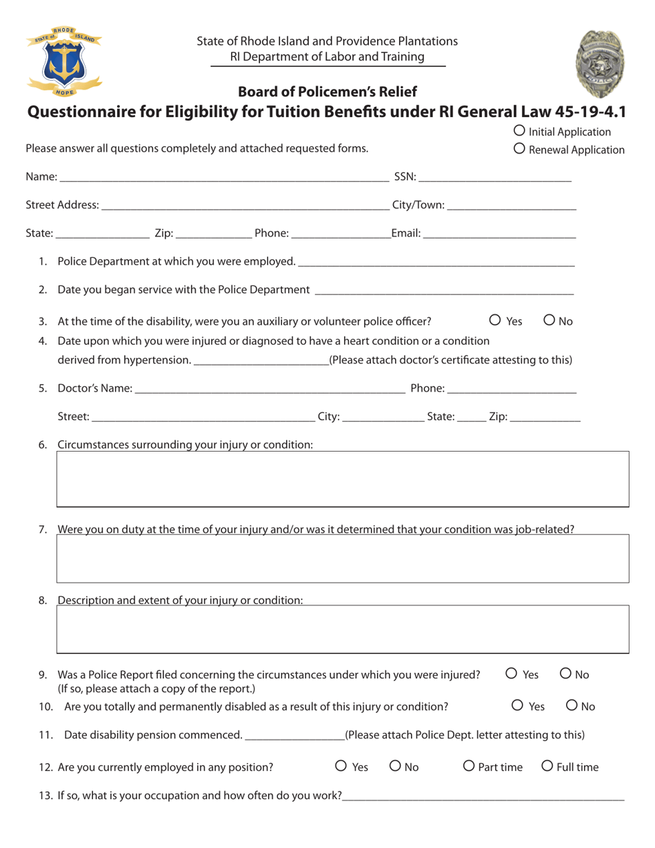 Questionnaire for Eligibility for Tuition Benefits Under Ri General Law 45-19-4.1 - Rhode Island, Page 1