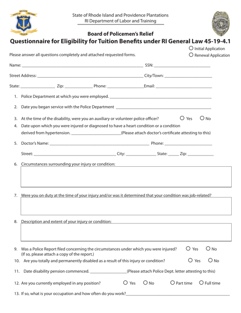 Questionnaire for Eligibility for Tuition Benefits Under Ri General Law 45-19-4.1 - Rhode Island