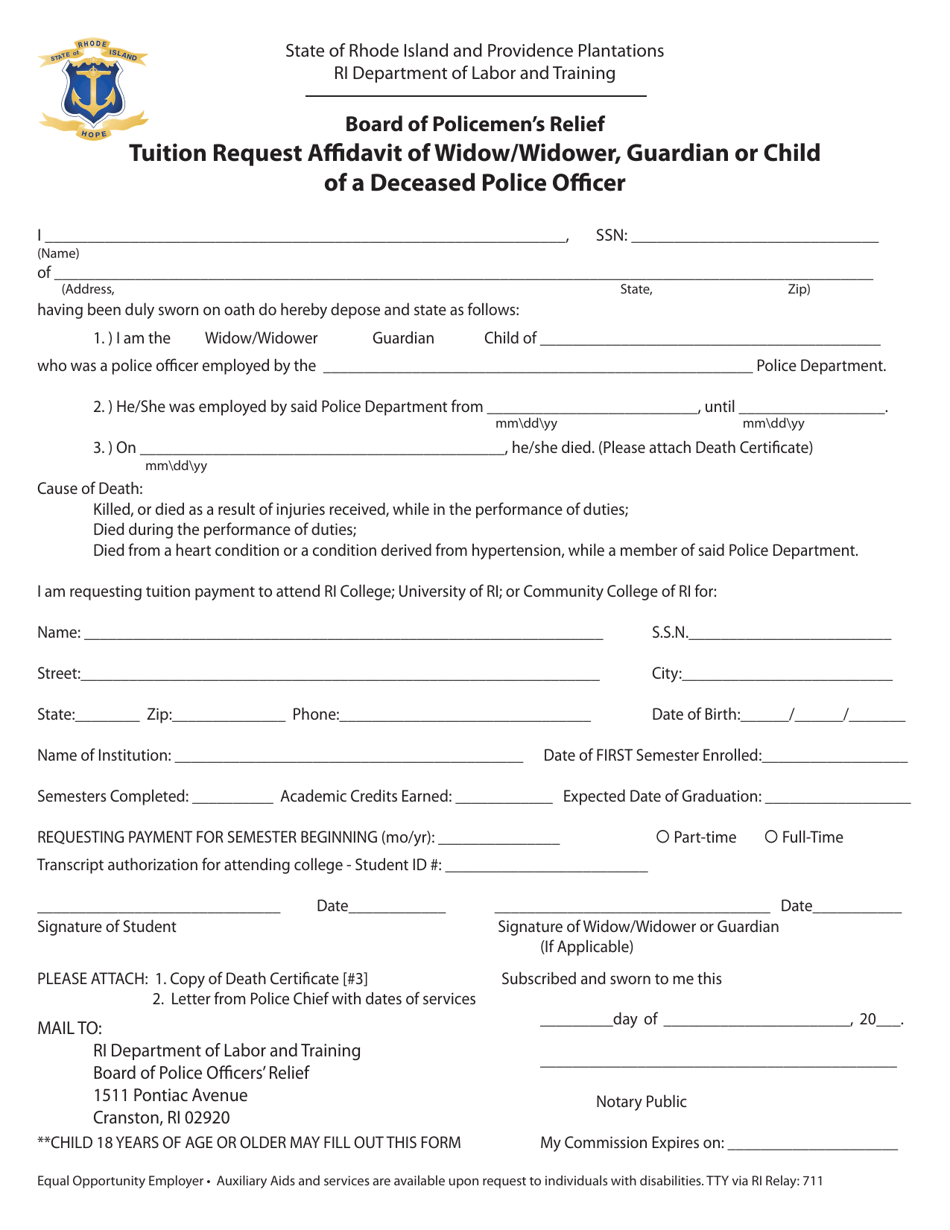 Tuition Request Affidavit of Widow / Widower, Guardian or Child of a Deceased Police Officer - Rhode Island, Page 1