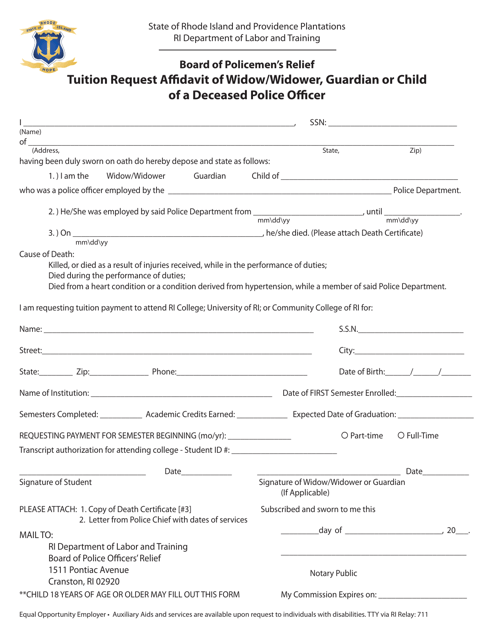 Tuition Request Affidavit of Widow / Widower, Guardian or Child of a Deceased Police Officer - Rhode Island Download Pdf