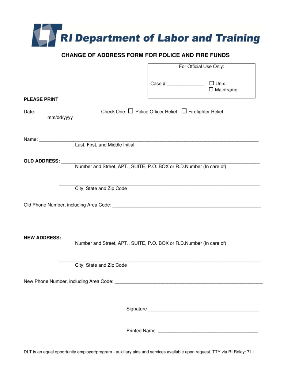 Change of Address Form for Police and Fire Funds - Rhode Island, Page 1