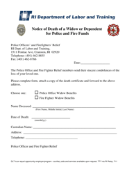 Document preview: Notice of Death of a Widow or Dependent for Police and Fire Funds - Rhode Island