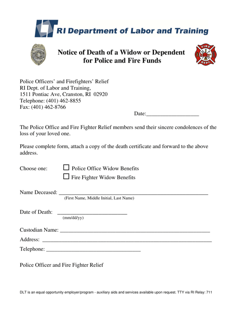 Notice of Death of a Widow or Dependent for Police and Fire Funds - Rhode Island Download Pdf