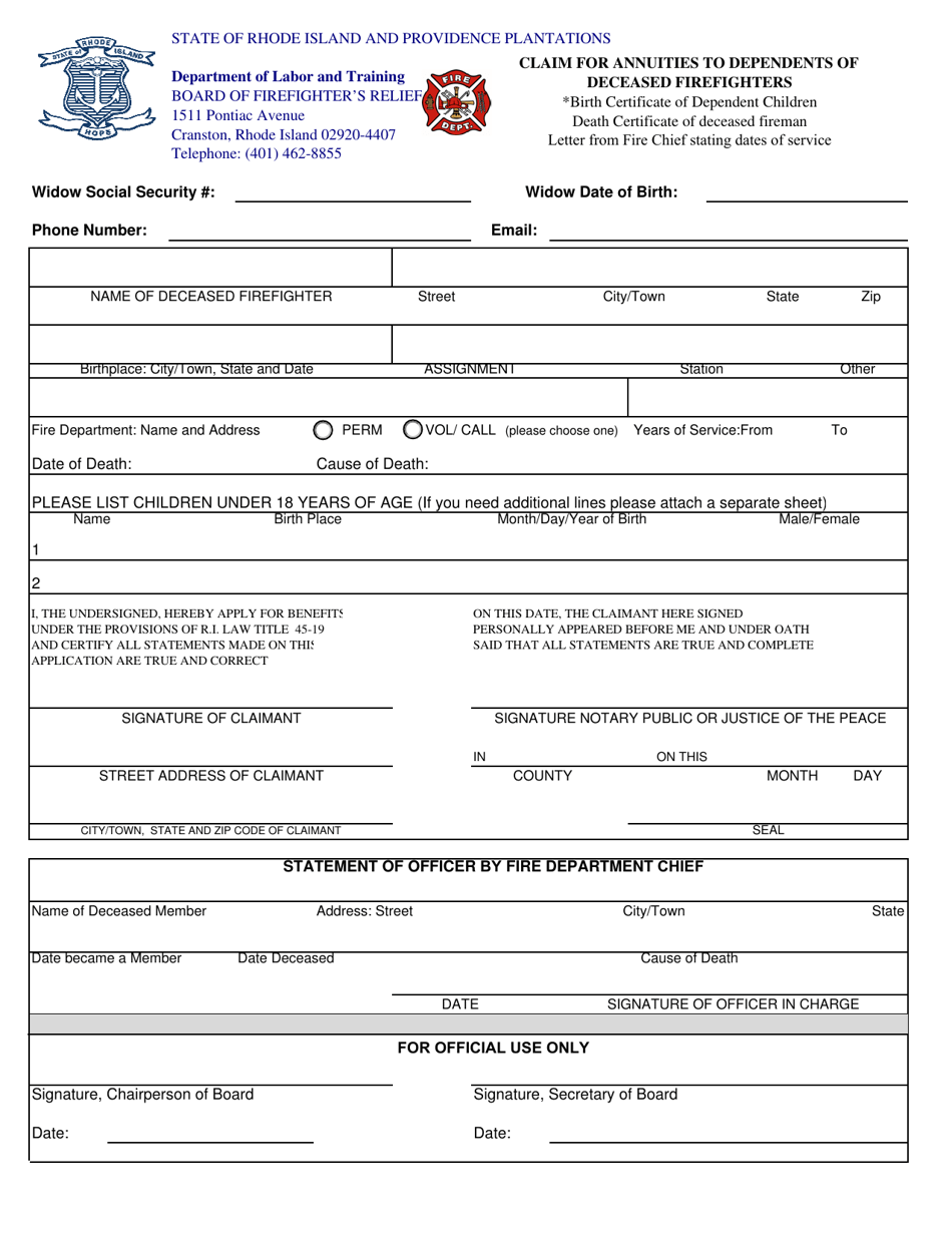 Claim for Annuities to Dependents of Deceased Firefighters - Rhode Island, Page 1