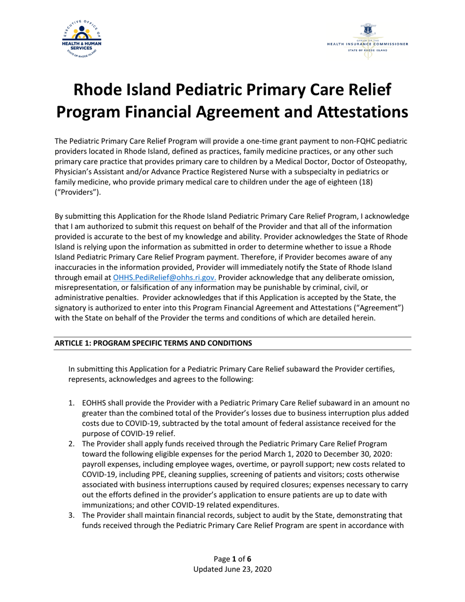 Rhode Island Pediatric Primary Care Relief Program Financial Agreement and Attestations - Rhode Island, Page 1