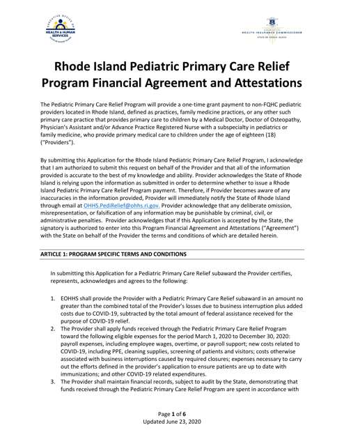 Rhode Island Pediatric Primary Care Relief Program Financial Agreement and Attestations - Rhode Island