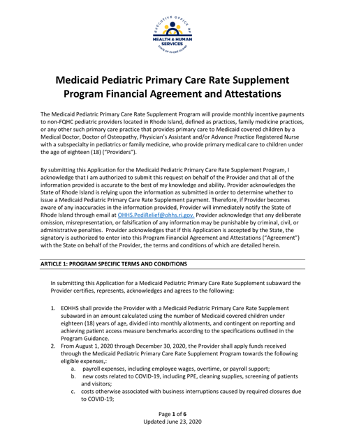 Medicaid Pediatric Primary Care Rate Supplement Program Financial Agreement and Attestations - Rhode Island Download Pdf