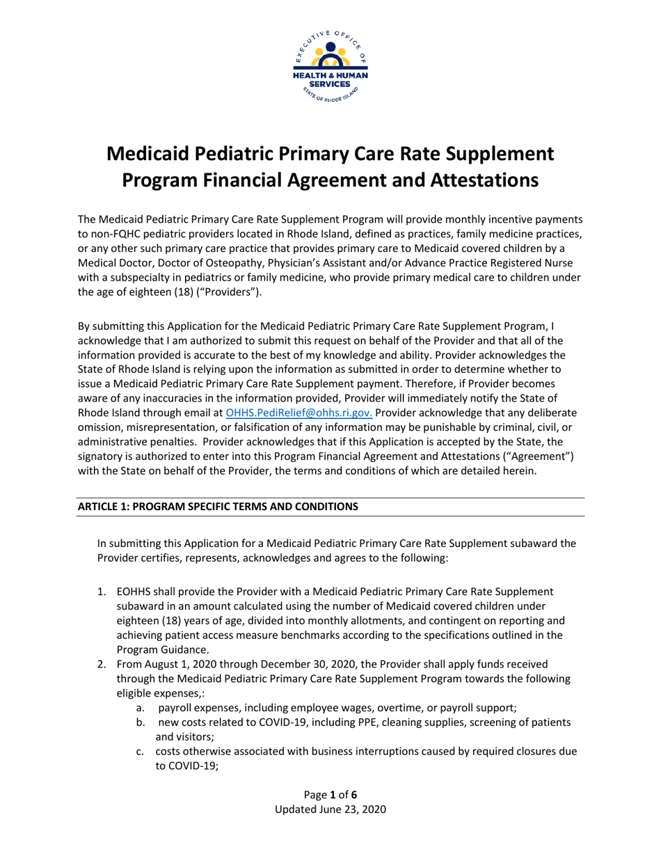 Medicaid Pediatric Primary Care Rate Supplement Program Financial Agreement and Attestations - Rhode Island, Page 1