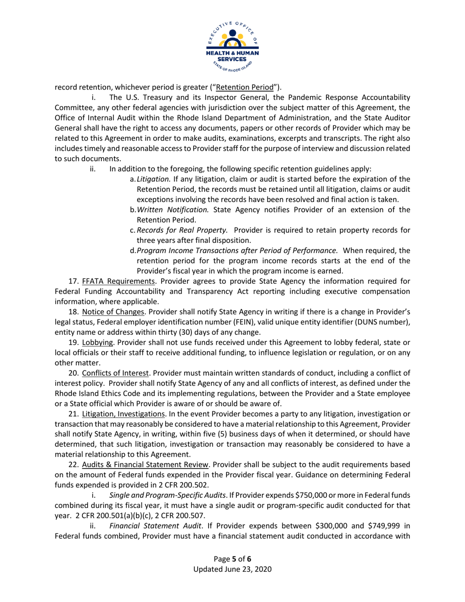 Medicaid Pediatric Primary Care Rate Supplement Program Financial Agreement and Attestations - Rhode Island, Page 5