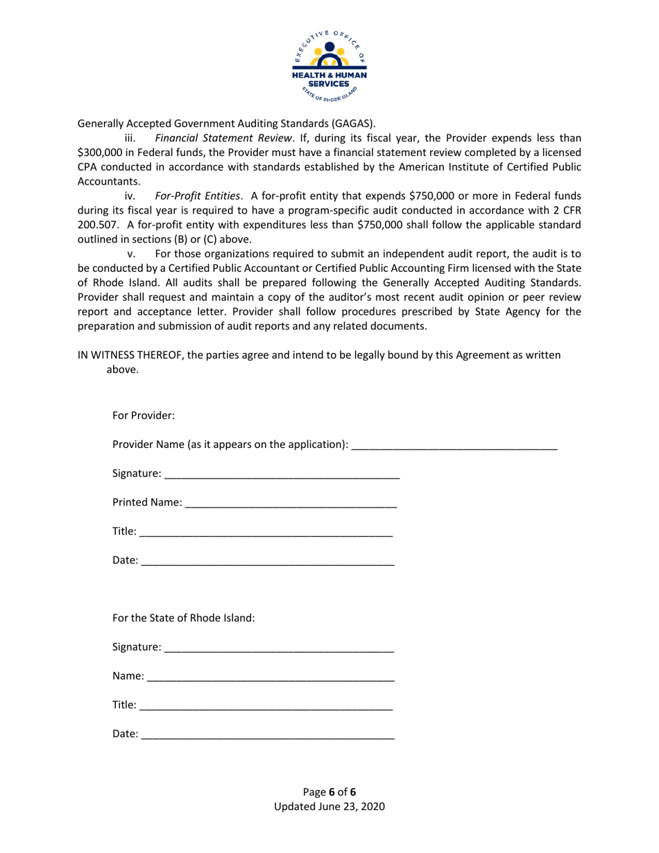 Medicaid Pediatric Primary Care Rate Supplement Program Financial Agreement and Attestations - Rhode Island, Page 6