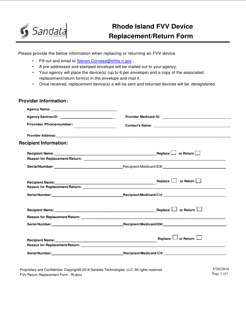 Rhode Island Fvv Device Replacement / Return Form - Rhode Island, Page 1