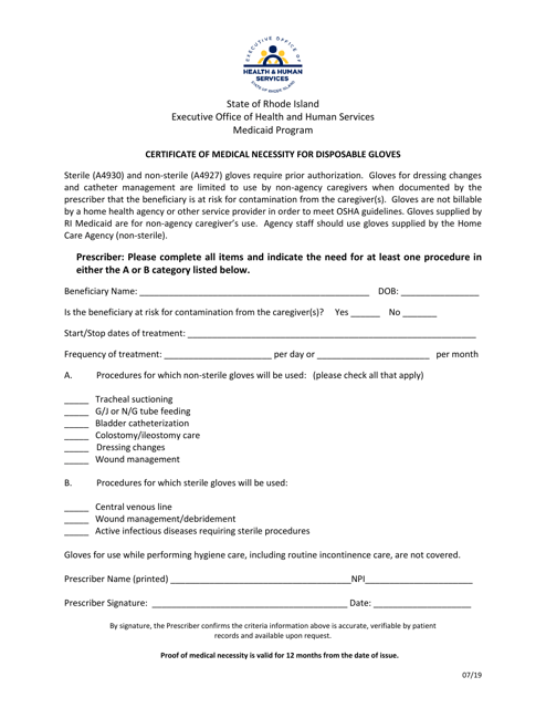 Certificate of Medical Necessity for Disposable Gloves - Rhode Island Download Pdf