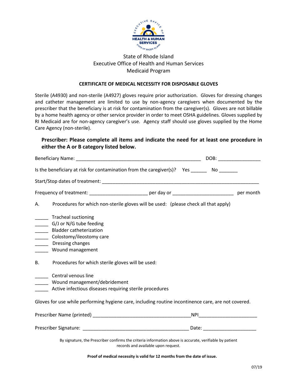 Rhode Island Certificate of Medical Necessity for Disposable Gloves Rhode Island Certificate of Medical Necessity for Disposable Gloves
