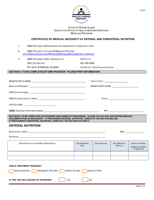 Certificate of Medical Necessity for Enteral and Parenteral Nutrition - Rhode Island