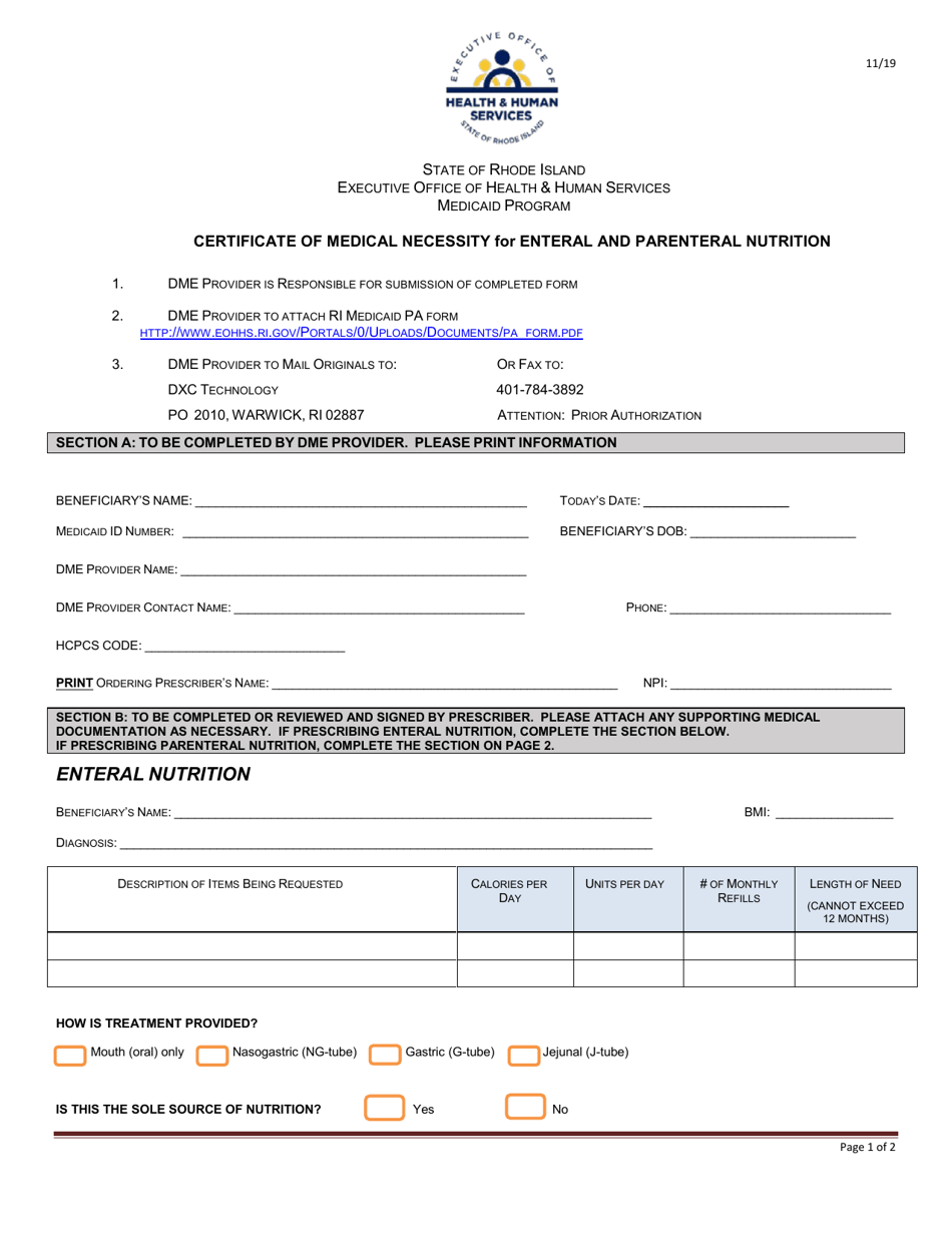Certificate of Medical Necessity for Enteral and Parenteral Nutrition - Rhode Island, Page 1