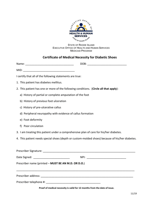 Certificate of Medical Necessity for Diabetic Shoes - Rhode Island Download Pdf