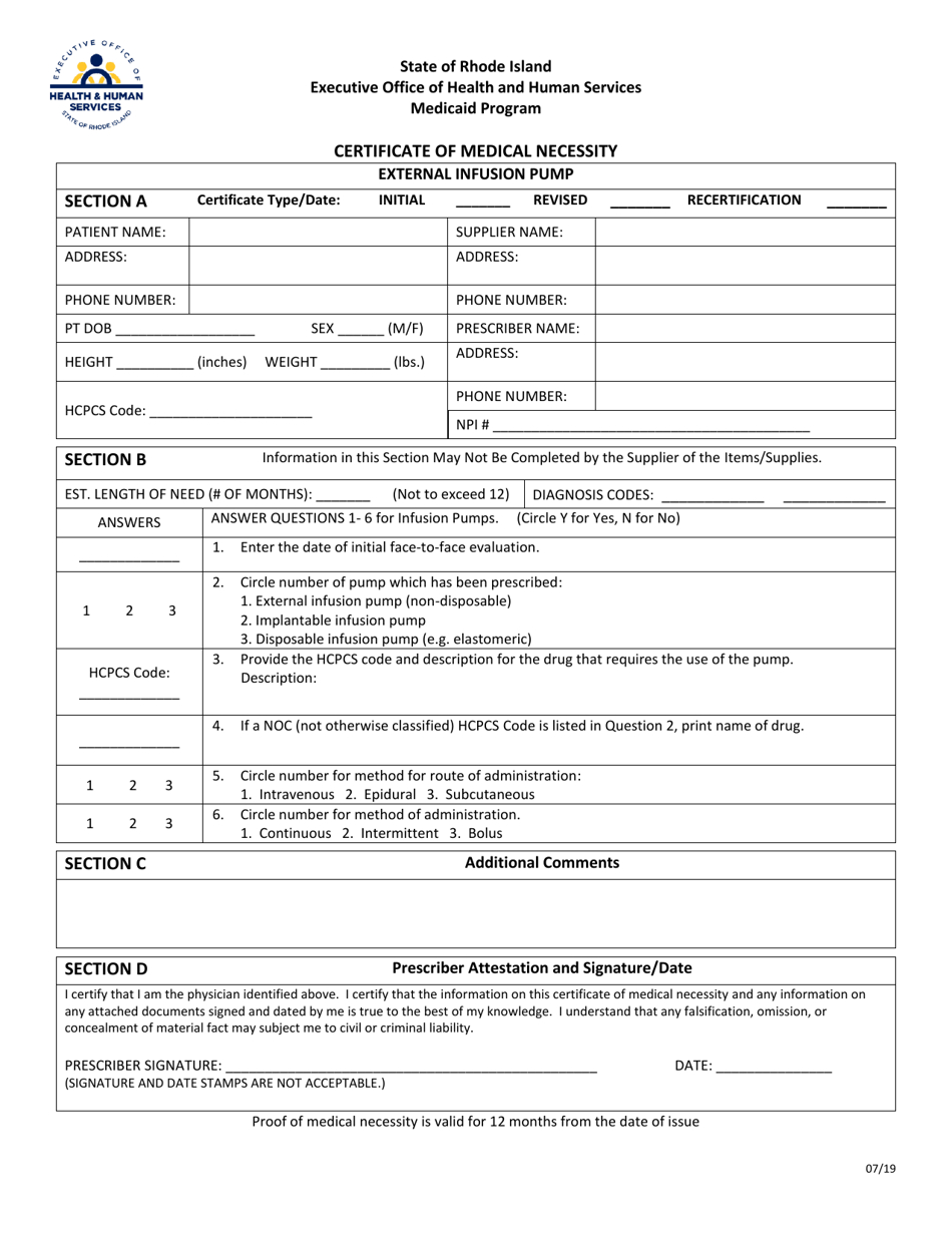 Certificate of Medical Necessity - External Infusion Pump - Rhode Island, Page 1