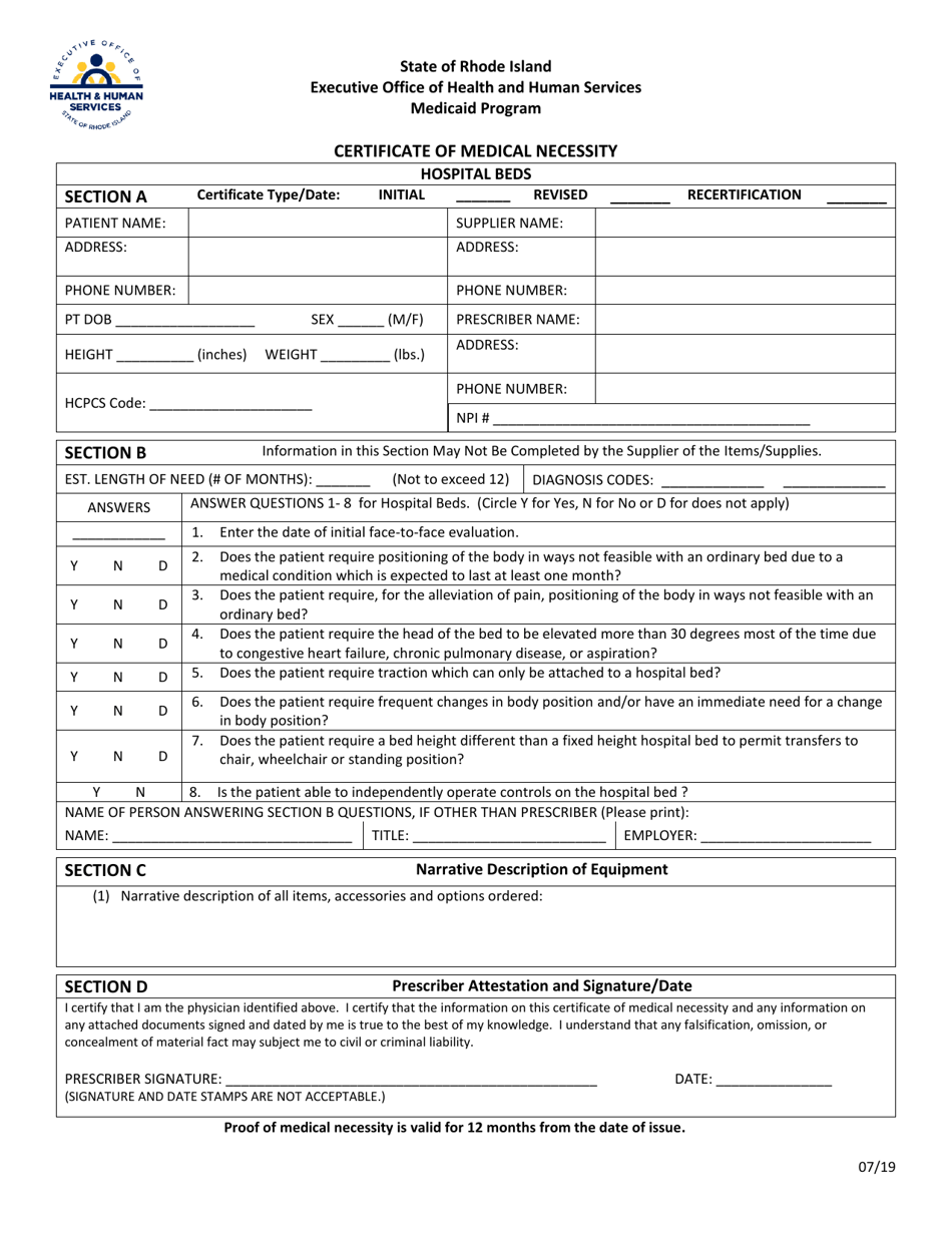 Rhode Island Certificate of Medical Necessity Hospital Beds Fill Rhode Island Certificate of Medical Necessity Hospital Beds Fill
