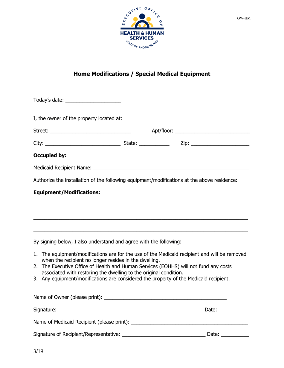 Form GW-HM Home Modifications / Special Medical Equipment - Rhode Island, Page 1