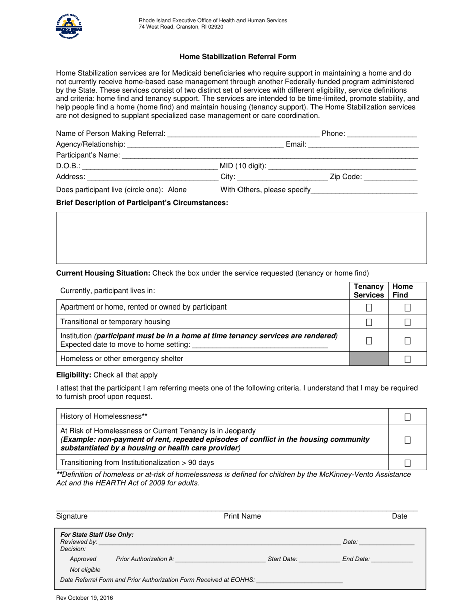 Rhode Island Home Stabilization Referral Form Fill Out, Sign Online