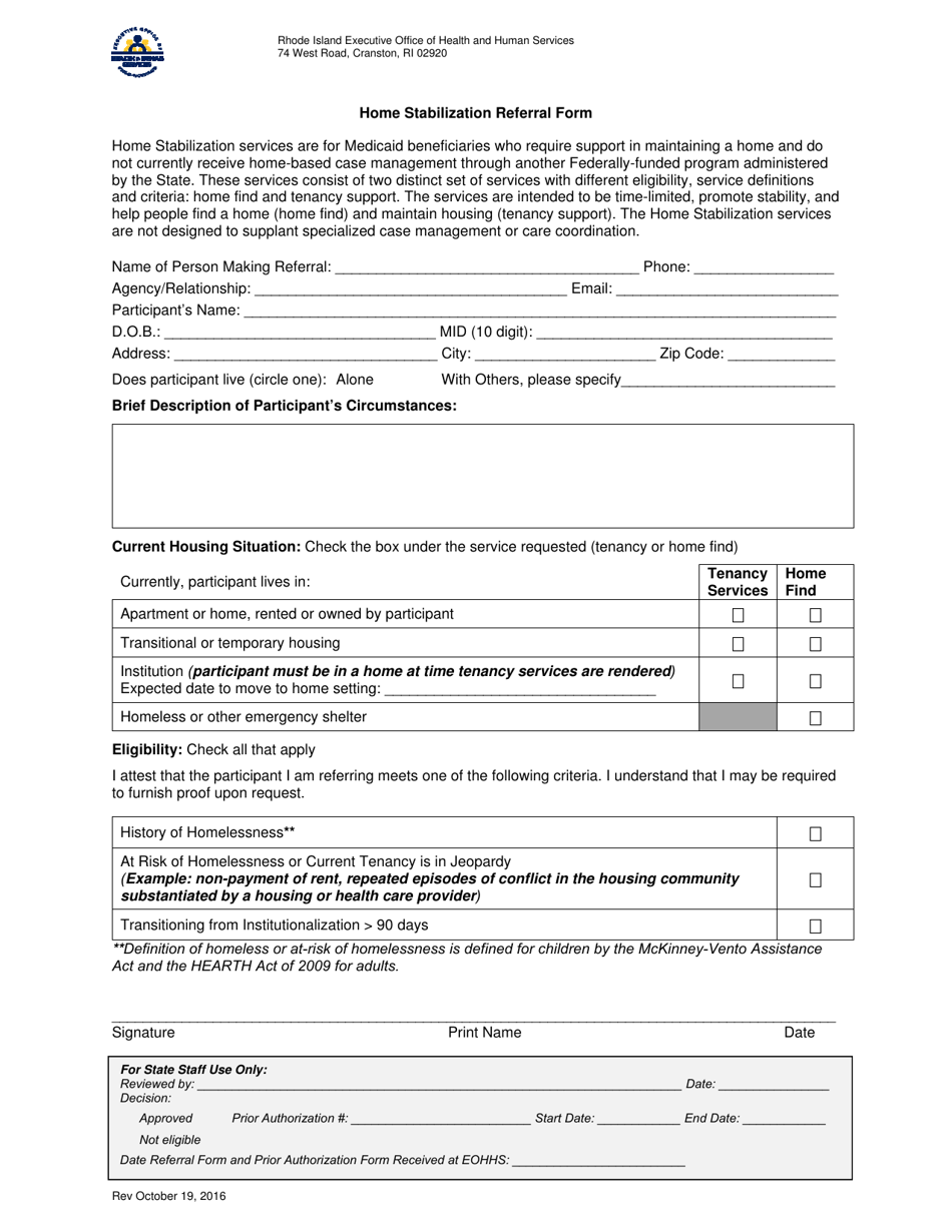 Home Stabilization Referral Form - Rhode Island, Page 1