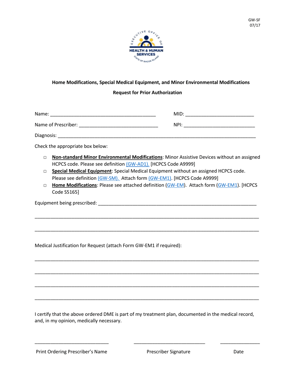 Form GW-SF - Fill Out, Sign Online and Download Printable PDF, Rhode ...