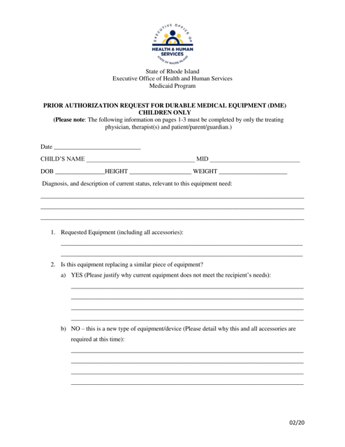 Prior Authorization Request for Durable Medical Equipment (Dme) - Children Only - Rhode Island Download Pdf