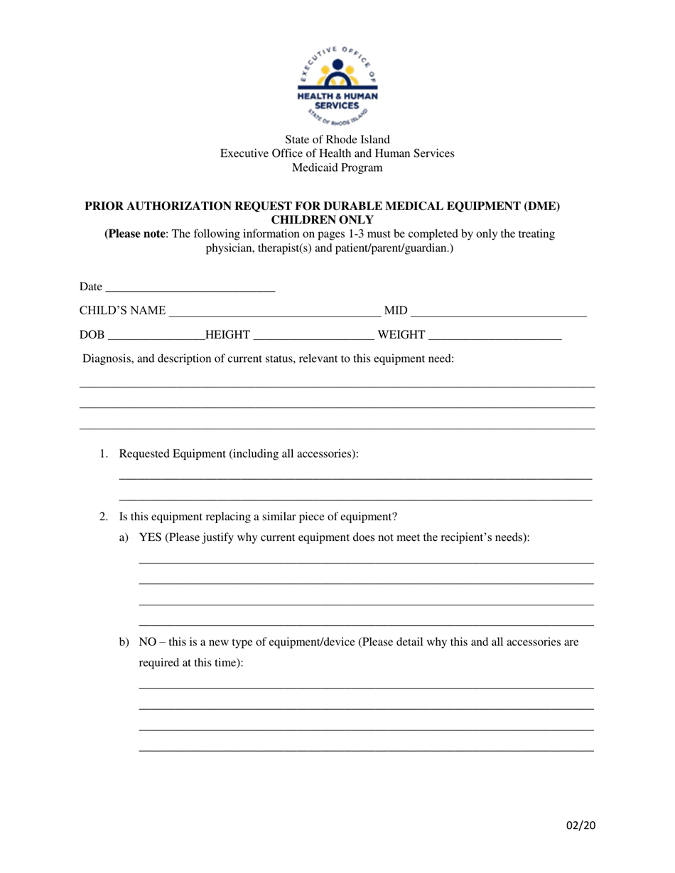 Rhode Island Prior Authorization Request for Durable Medical Equipment