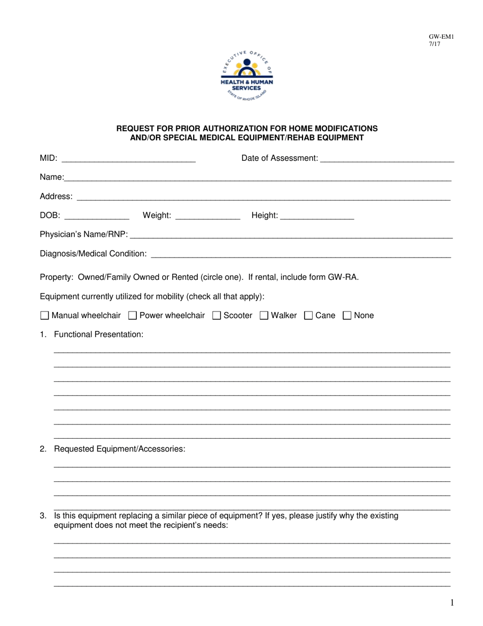 Form GW-EM1 Request for Prior Authorization for Home Modifications and / or Special Medical Equipment / Rehab Equipment - Rhode Island, Page 1